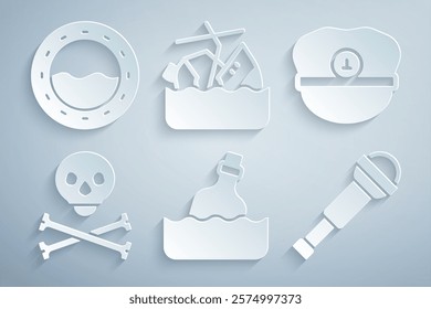 Set Bottle with message in water, Captain hat, Skull on crossbones, Spyglass telescope lens, Sinking cruise ship and Ship porthole icon. Vector