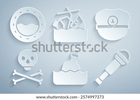 Set Bottle with message in water, Captain hat, Skull on crossbones, Spyglass telescope lens, Sinking cruise ship and Ship porthole icon. Vector