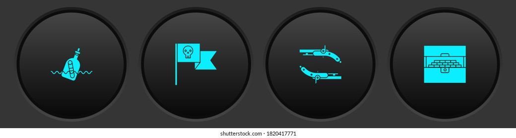 Set Bottle with message in water, Pirate flag skull, Vintage pistols and Antique treasure chest icon. Vector.