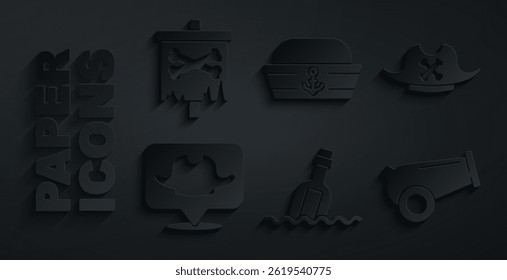 Set Bottle with message in water, Pirate hat, Location pirate, Cannon, Sailor and flag icon. Vector