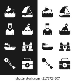 Set Bottle with message in water, Sailor captain, Cruise ship, Yacht sailboat, Cargo, Binoculars, First aid kit and Dead fish icon. Vector