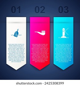 Set Bottle with message in water, Smoking pipe and Lighthouse. Business infographic template. Vector