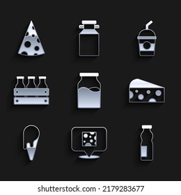 Set Bottle with milk, Cheese, Drinking yogurt in bottle, Ice cream waffle cone, Bottled wooden box, Milkshake and  icon. Vector