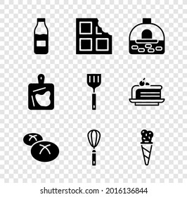 Set Bottle with milk, Chocolate bar, Brick stove, Bread loaf, Kitchen whisk, Ice cream in waffle cone, Cutting board and Spatula icon. Vector