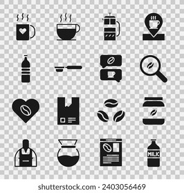 Set Bottle with milk, Coffee jar bottle, Selection coffee beans, French press, filter holder, water, cup and heart and conversation icon. Vector