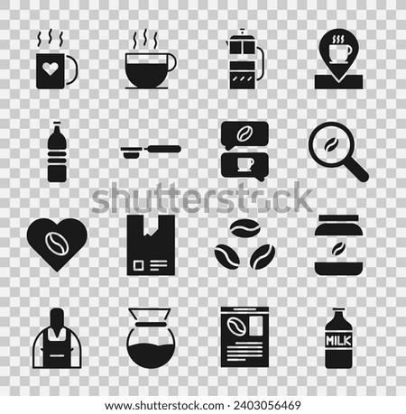 Set Bottle with milk, Coffee jar bottle, Selection coffee beans, French press, filter holder, water, cup and heart and conversation icon. Vector