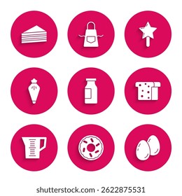 Set Bottle with milk, Donut, Easter eggs, Bread toast, Measuring cup, Pastry bag, Lollipop and Cake icon. Vector
