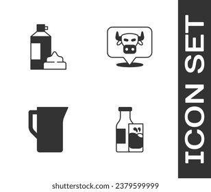Set Bottle milk and glass, Whipped cream in bottle, Milk jug or pitcher and Cow head icon. Vector