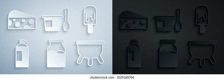Set Bottle with milk, Ice cream, Whipped in bottle, Udder, Yogurt container spoon and Cheese icon. Vector