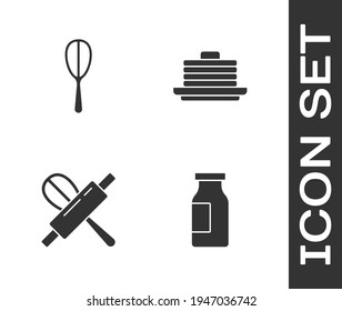 Flasche mit Milch, Küche Whisk, und rollenden Pin und Stack der Pfannkuchen Symbol. Vektorgrafik