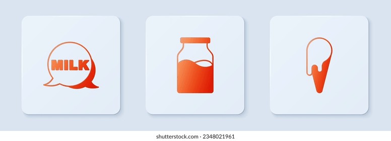 Set Bottle with milk, Lettering and Ice cream waffle cone. White square button. Vector