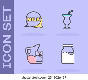 Set Bottle with milk, Lettering, Milk jug or pitcher and glass and Milkshake icon. Vector