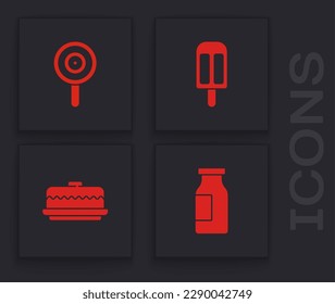 Set Bottle with milk, Lollipop, Ice cream and Cake icon. Vector