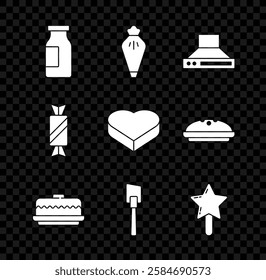 Set Bottle with milk, Pastry bag, Kitchen extractor fan, Cake, Spatula, Lollipop, Candy and in heart shaped box icon. Vector