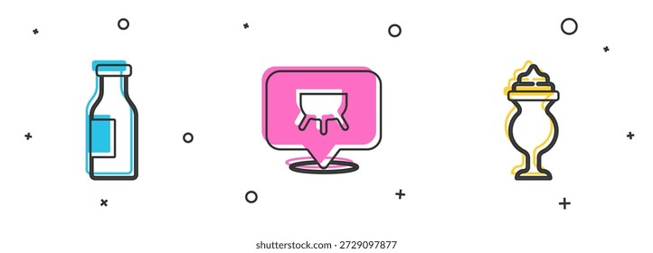 Set Bottle with milk, Udder and Milkshake icon. Vector