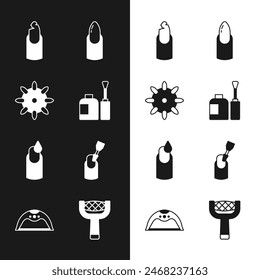 Set Flasche Nagellack, Falsche Nägel, Gebrochen, Nagelmaniküre, Maniküre, Fräser für, Datei und Lampen-Symbol. Vektorgrafik