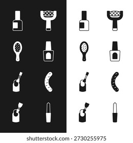 Set Botella de esmalte de uñas, lima de uñas, manicura y fresa para el icono. Vector