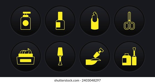 Set Bottle of nail polish, Nail scissors, Milling cutter for manicure, Broken,  and Tube hand cream icon. Vector