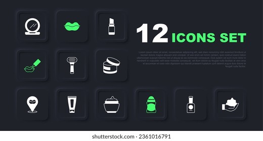 Set Bottle of nail polish, Shaving foam on hand, razor, Deodorant roll, Lip augmentation, Cream lotion cosmetic tube, Smiling lips and  icon. Vector