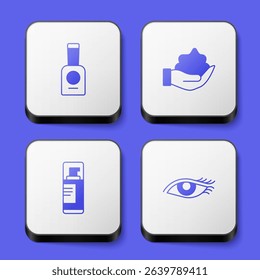 Set Bottle of nail polish, Shaving foam on hand, gel and Woman eye icon. White square button. Vector
