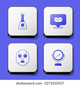 Set Bottle of nail polish, Smiling lips, Facial cosmetic mask and Round makeup mirror icon. White square button. Vector