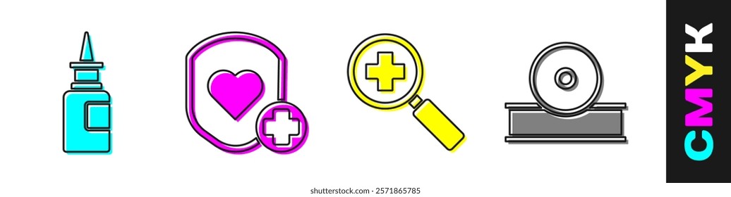 Set Bottle nasal spray, Shield and heart rate, Magnifying glass for search medical and Otolaryngological head reflector icon. Vector