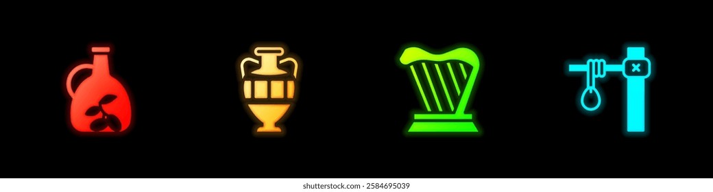 Set Bottle of olive oil, Ancient amphorae, Harp and Gallows icon. Vector