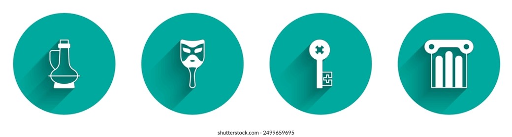 Set Bottle of olive oil, Carnival mask, Old key and Ancient column icon with long shadow. Vector