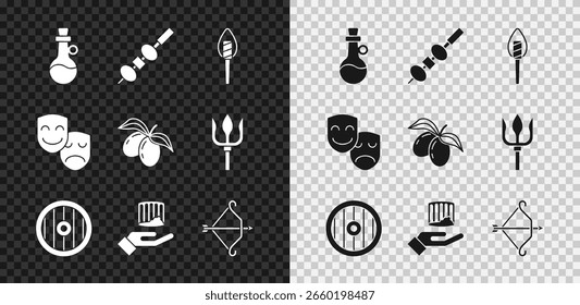 Conjunto Botella de aceite de oliva, oliva y queso en palillo, llama de antorcha, escudo griego, columna antigua, arco medieval con flecha, máscaras de tragedia de comedia e icono de rama de olivos. Vector