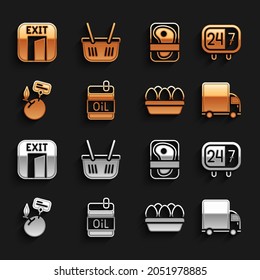 Set Bottle of olive oil, Clock 24 hours, Delivery cargo truck, Chicken egg in box, Supermarket food products with price label, Meat packaging steak, Fire exit and Shopping basket icon. Vector