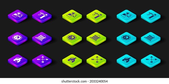 Set Bottle of olive oil, Crossed arrows, Ancient Greek coin, Parthenon, Gallows and Zeus icon. Vector