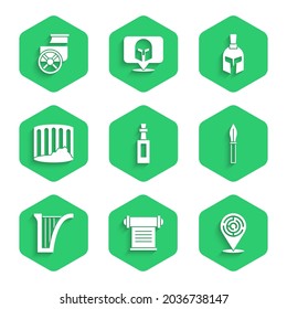 Set Bottle of olive oil, Decree, parchment, scroll, Minotaur labyrinth, Medieval spear, Harp, Ancient column, Greek helmet and chariot icon. Vector