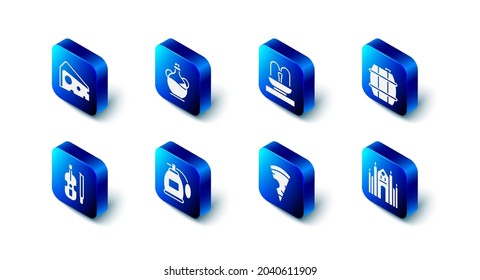 Set Bottle of olive oil, Fountain, Barrel for wine, Milan Cathedral, Slice pizza, Perfume, Violin and Cheese icon. Vector