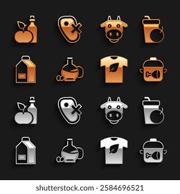 Set Bottle of olive oil, Fresh smoothie, Cooking pot and chicken leg, Vegan shirt, Paper package for milk, Cow head, Apple cider vinegar bottle and No meat icon. Vector