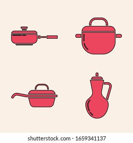 Set Bottle of olive oil , Frying pan , Cooking pot  and Frying pan  icon. Vector