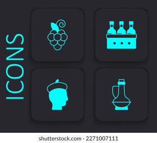 Set Bottle of olive oil, Grape fruit, Bottles wine and French man icon. Black square button. Vector