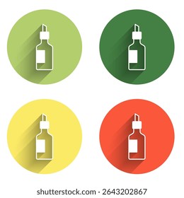 Set Bottle of olive oil icon isolated with long shadow background. Jug with olive oil icon. Color circle button. Vector