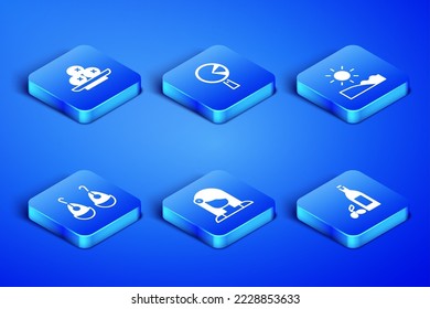 Set Bottle of olive oil, Olives on plate, Spanish woman, Earrings, Omelette frying and Beach icon. Vector