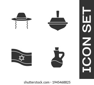 Set Bottle of olive oil, Orthodox jewish hat, Flag Israel and Hanukkah dreidel icon. Vector