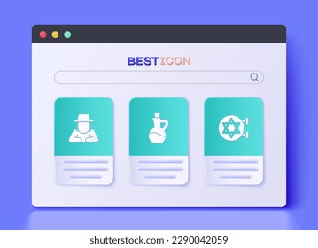 Set Bottle of olive oil, Orthodox jewish hat and Jewish synagogue icon. Vector