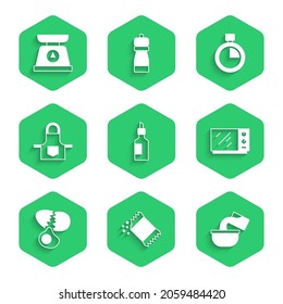 Set Bottle of olive oil, Packet pepper, Saucepan, Microwave oven, Broken egg, Kitchen apron, Stopwatch and Scales icon. Vector
