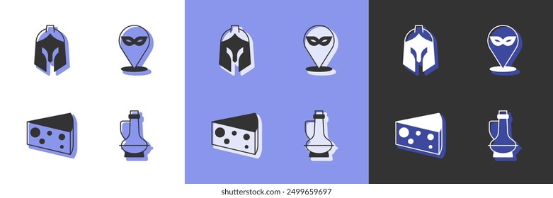 Set Bottle of olive oil, Roman army helmet, Cheese and Carnival mask icon. Vector