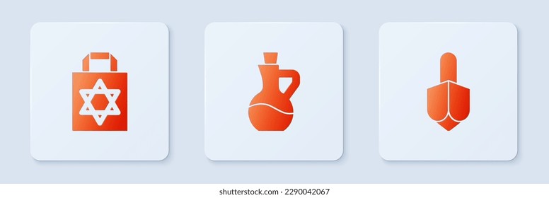 Set Bottle of olive oil, Shopping bag with star david and Hanukkah dreidel. White square button. Vector