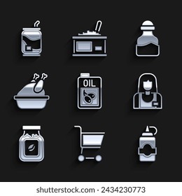 Set Bottle of olive oil, Shopping cart, Sauce bottle, Seller, Coffee jar, Roasted turkey or chicken, Spice can and Soda icon. Vector