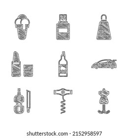 Set Bottle of olive oil, Wine corkscrew, Mannequin, Sport racing car, Violin, Lipstick, Grater and Ice cream icon. Vector