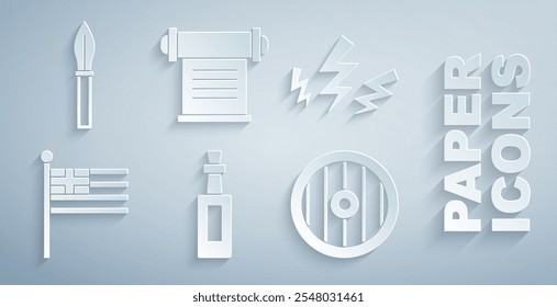 Set Bottle of olive oil, Zeus, Greece national flag, Greek shield, Decree, parchment, scroll and Medieval spear icon. Vector