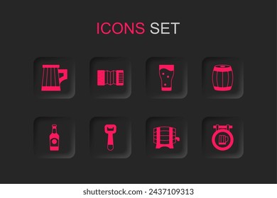 Set Bottle opener, Accordion, Wooden beer mug, barrel rack, Street signboard with, Glass of and Beer bottle icon. Vector