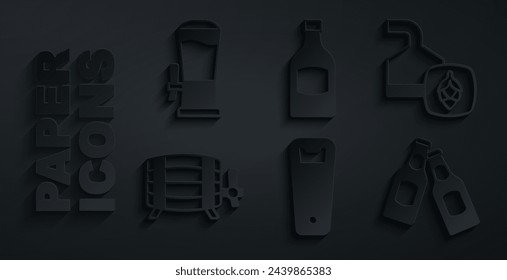 Set Bottle opener, Beer brewing process, Wooden barrel, bottle,  and tap icon. Vector