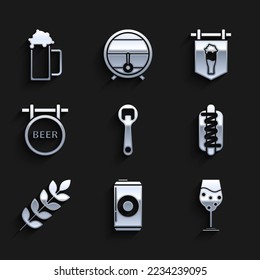 Set Bottle opener, Beer can, Glass of beer, Hotdog sandwich with mustard, Cereals set rice, wheat, corn, oats, rye, barley, Street signboard inscription, glass and  icon. Vector