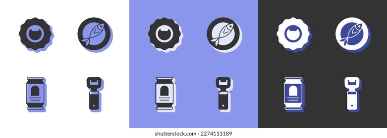Set Bottle opener, Beer can and Dried fish icon. Vector
